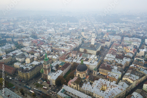 Aerial  Cityscape of Lviv in misty weather