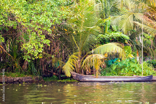 A canoe is anchored on the bank of a canal of the famous Alleppey s backwaters. Kerala  India.