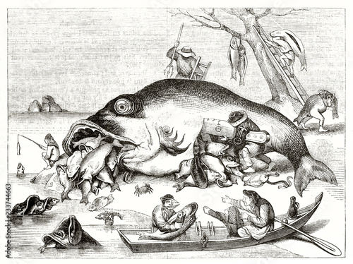 Ancient grotesque context in a old engraving illustration. Big fish lying after a fishing trip. After Pieter Bruegel the Elder published on Magasin Pittoresque Paris1839 photo