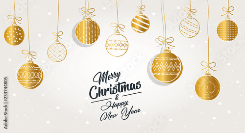 Greeting card Merry Christmas background. Vector illustration with Christmas elements baubles. The colors white, gold and black
