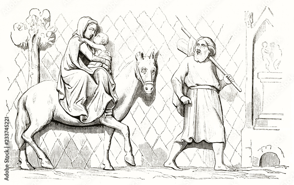 Obraz premium Woman on a horse with her baby behind a man leading on foot. Old reproduction of a bass relief in Notre-Dame de Paris depicting The Flight into Egypt. Magasin Pittoresque Paris 1839