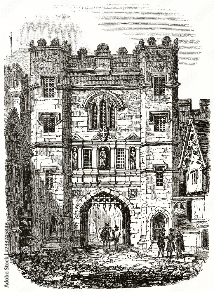 Ancient front view of Newgate old gate and prison in London, high heavy strong stone medieval edifice. Created by Wittock and Wimper published on Magasin Pittoresque Paris 1839