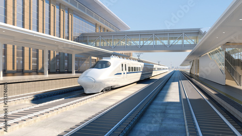 White modern high speed train on railway station at sunset Railway tourism 3d render