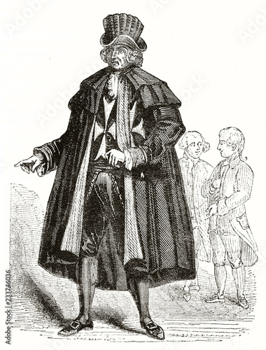 Old illustration of the Grand Marshal of Saint John of Jerusalem knights (Knights of Malta) in his typical long coated uniform and hat. Published on Magasin Pittoresque Paris 1839