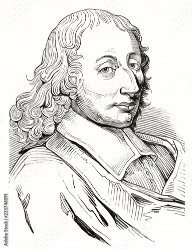 Ancient bust minimal outlined portrait of Blaise Pascal (1623-1662) French mathematician physicist and Christian philosopher. By unidentified author published on Magasin Pittoresque Paris 1839