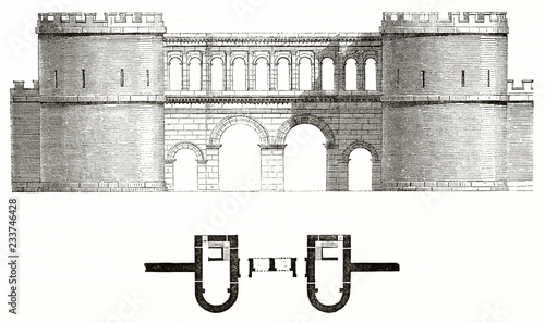 Front view of a medieval stronghold entrance and part of the planimetry isolated on white background. Saint-Andre gate Autun Bourgogne France. Published on Magasin Pittoresque Paris 1839 photo