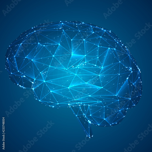 three-dimensional vector cyber brain. neural network mega-data processing, template interface design on a blue background.