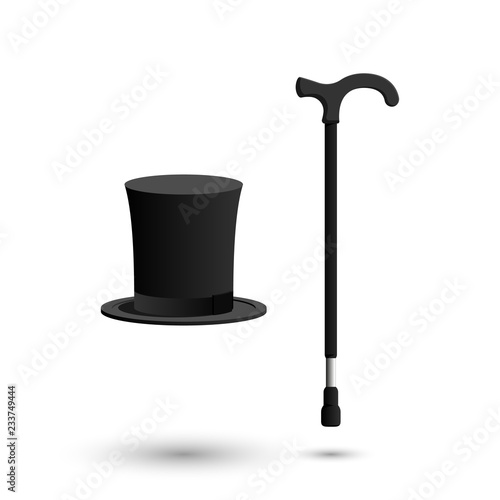 Gentleman hat and cane isolated on white background.