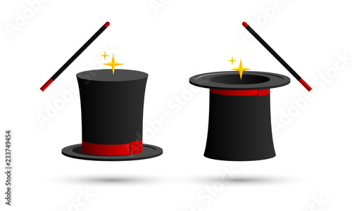 Set of magic hat and wand vector icon.