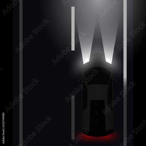 Top view sport car driving at night on dark road vector illustration.