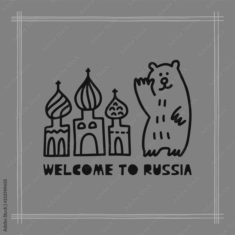 Travel card concept with cathedral, bear and text 'welcome to Russia' Doodle style