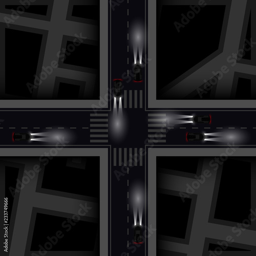 Top view sport cars driving at night on dark road vector illustration.