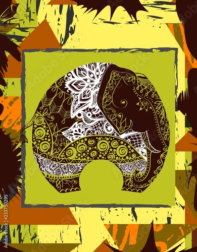 Vector illustration with the elephant for t-shirts, posters, card and other uses. Boho chic. Ethnic style.