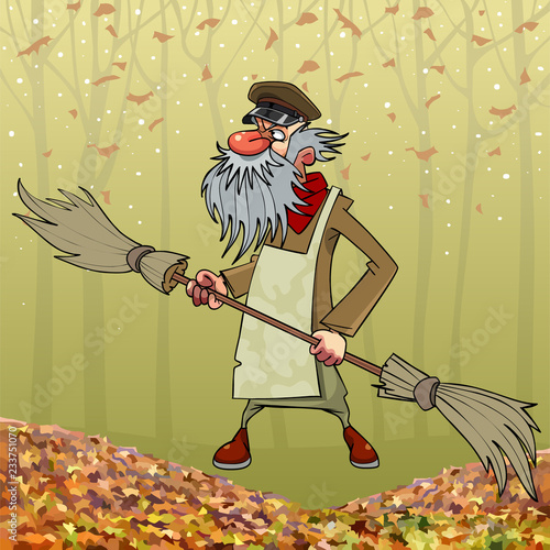 Cartoon bearded janitor with double sided broom in autumn park