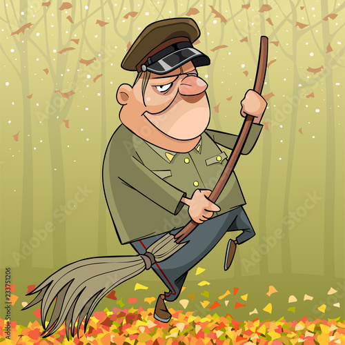 cartoon man in military uniform sweeping broom in autumn park