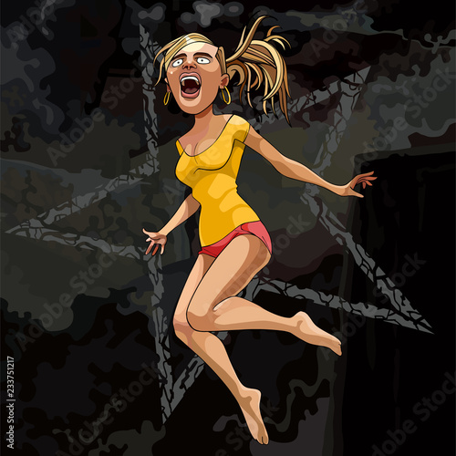 cartoon strongly surprised girl in a jump on a dark background