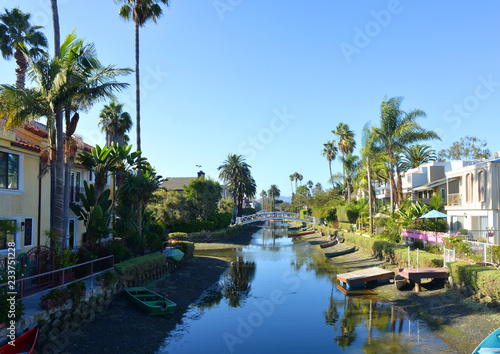 view into Venice canals, with estates and water, Los Angeles, California, USA