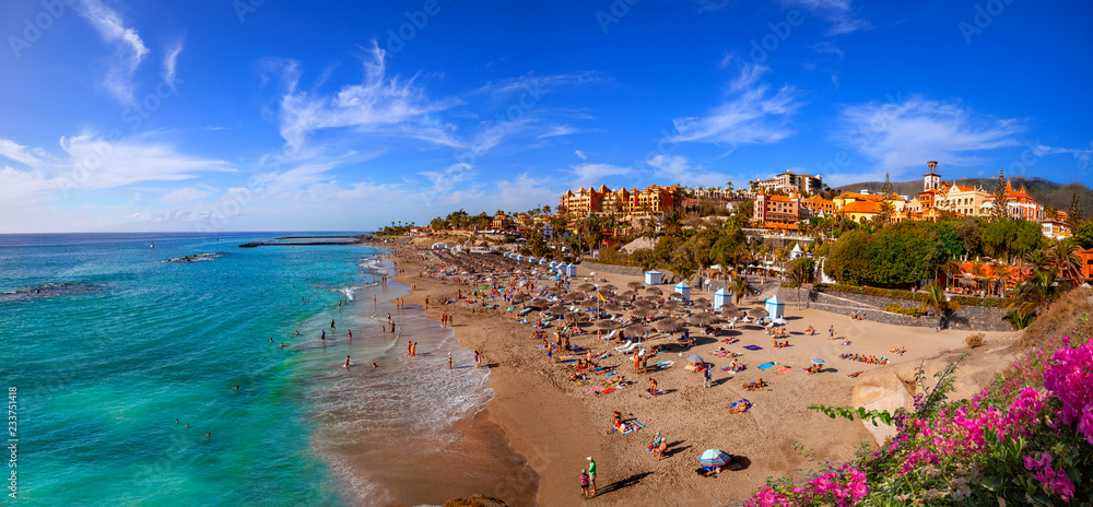 Panorama of the famous El Duque beach resort in Tenerife island in summertime in Spain