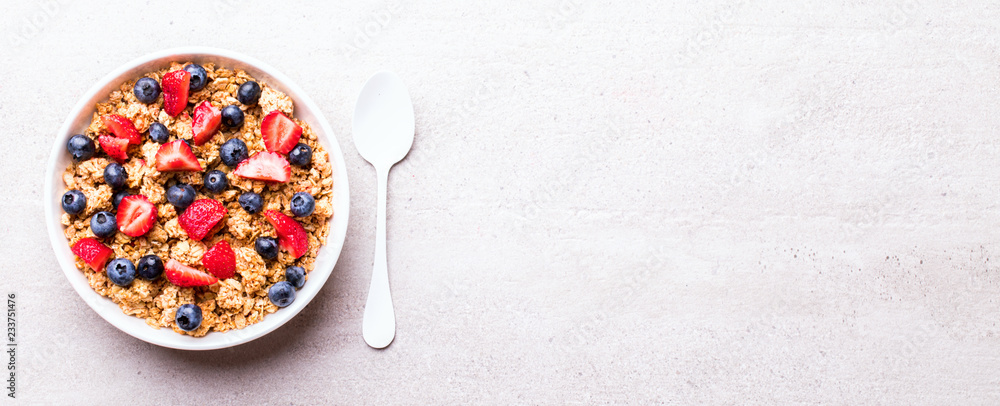 Granola Cereal bar with Strawberries and blueberries  on the Gray Background . Muesli Breakfast. Healthy Food sweet dessert snack. Diet Nutrition Concept. Top View. Copy space. Banner. - obrazy, fototapety, plakaty 