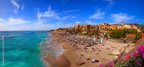 Panorama of the famous El Duque beach resort in Tenerife island in summertime in Spain