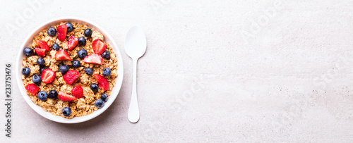 Granola Cereal bar with Strawberries and blueberries on the Gray Background . Muesli Breakfast. Healthy Food sweet dessert snack. Diet Nutrition Concept. Top View. Copy space. Banner.