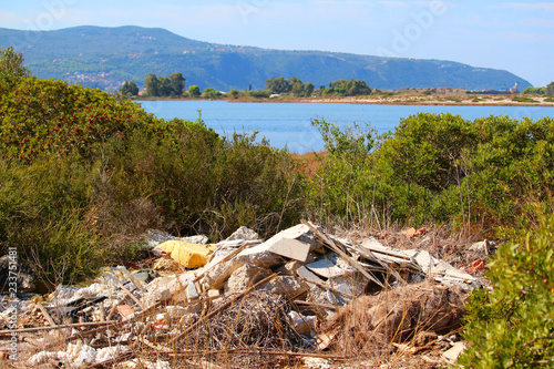 Garbage dumped in beautiful nature around the lagoons near Lefkada town, Greece