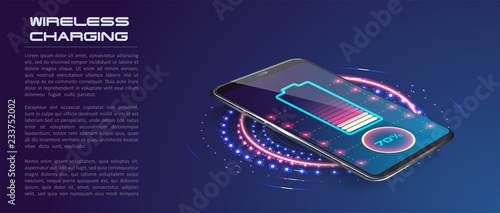 Wireless charging of the smartphone battery. Future concept. The progress of charging the battery of the phone.Wireless charging technology concept on white background.