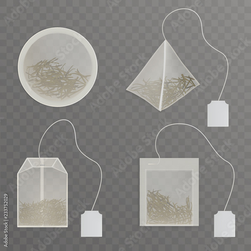 Set round, rectangle, square, pyramid shaped tea bags with blank, white label tag and green tea leaves inside 3d realistic vector illustration, teabag product mockup isolated on transparent background