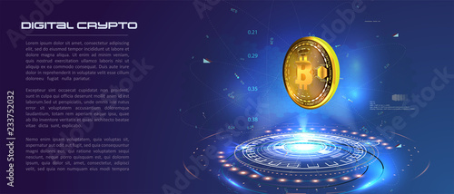 	 Bitcoin conceptual background with blue glowing electric lights in style hud. Modern bright banner, site template with place for your text.