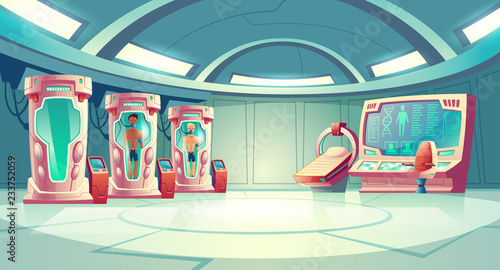 Human cloning or dna research in secret science laboratory carton vector concept with young men sleeping in capsule with fluid, MRI scanner and empty operator chair near control panel with huge screen
