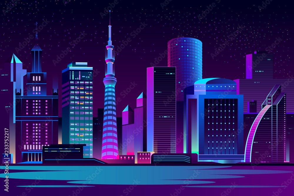 Modern city cartoon vector night landscape. Urban cityscape background with  skyscrapers buildings on sea shore illuminated with neon light  illustration. Metropolis central business district Stock Vector | Adobe  Stock