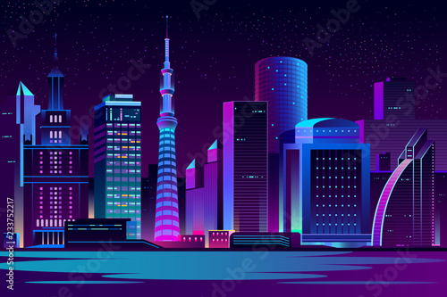 Modern city cartoon vector night landscape. Urban cityscape background with skyscrapers buildings on sea shore illuminated with neon light illustration. Metropolis central business district