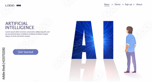 Artificial Intelligence (AI) concept responsive landing page or web template with 3D isometric illustration of digital light ball. The person looks at letters