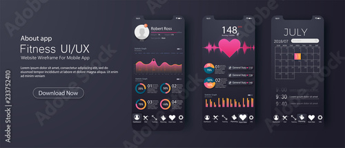 Different UI, UX, GUI screens fitness app and flat web icons for mobile apps, responsive website including. Web design and mobile template. Fitness Dashboard - stock vector