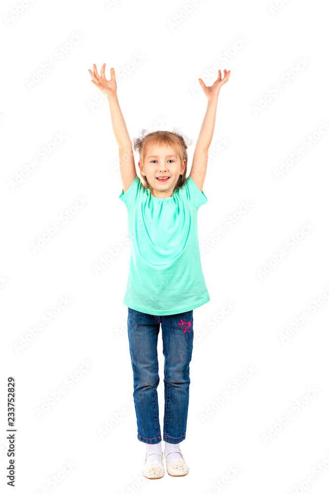Girl raises her arms up - isolated on white background Girl raises her arms up - isolated on white background