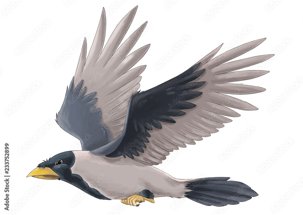 Naklejka premium Cartoon bird - crow flying on white background - illustration for children