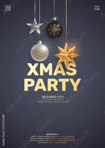 Christmas party invitation design. Hanging christmas toys on dark background. Xmas greeting card concept. Traditional winter holidays elements. Vector eps 10.
