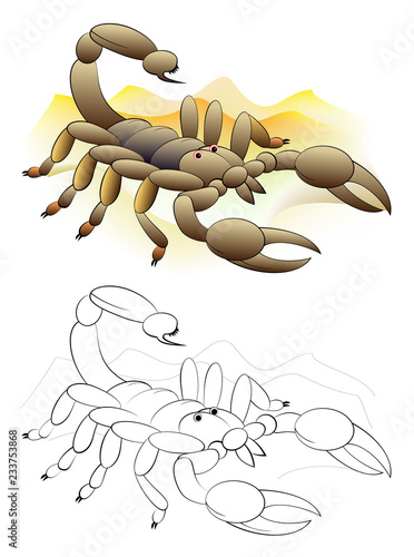 Colorful and black and white page for coloring book. Fantasy illustration of poisonous insect scorpion in the desert. Worksheet for children and adults. Vector cartoon image.