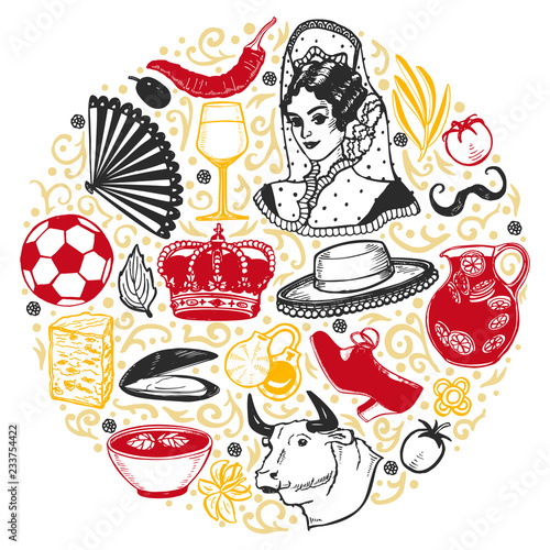 Round Composition with Spanish Symbols in Hand-Drawn Style