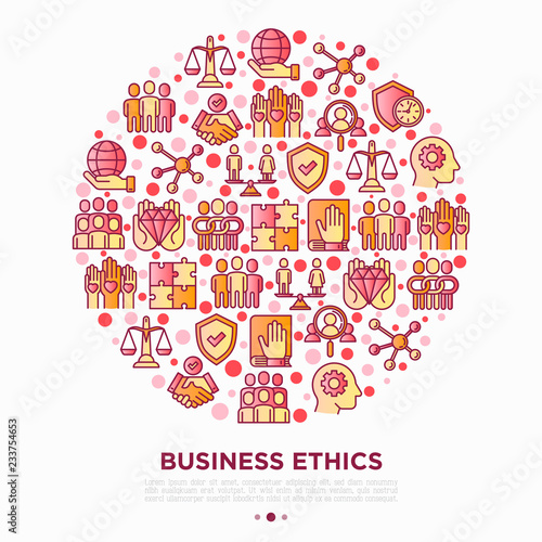Business ethics concept in circle with thin line icons: union, trust, honesty, responsibility, justice, commitment, no to racism, gender employment, core values. Vector illustration for print media.