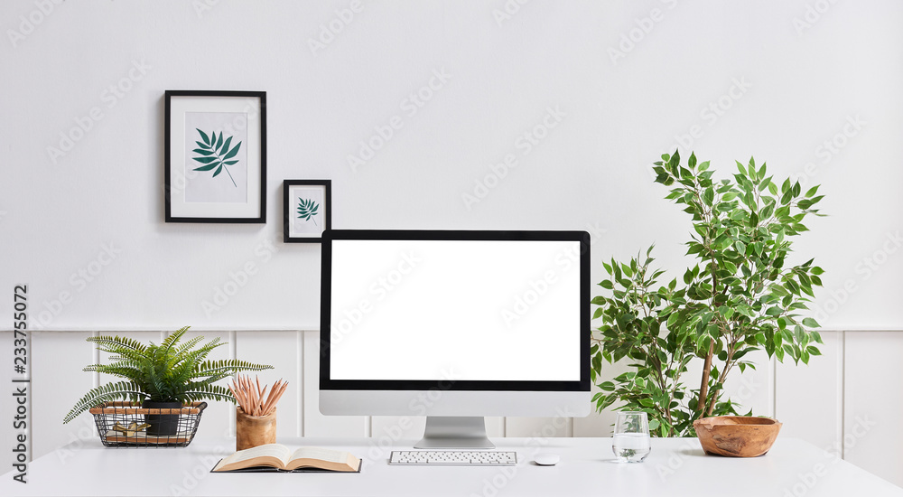 Home office computer room desktop screen vase of plant frame and office room. Home office computer room desktop screen vase of plant frame and office room.