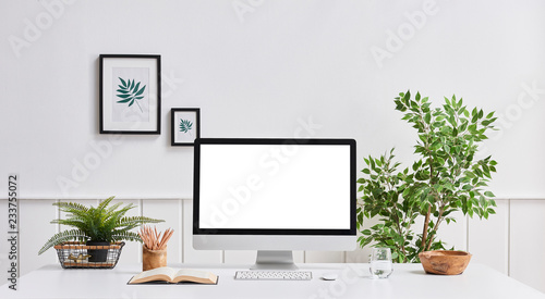 Home office computer room desktop screen vase of plant frame and office room. photo