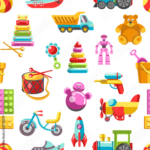 Kid toys vector icons seamless pattern. Children playthings set