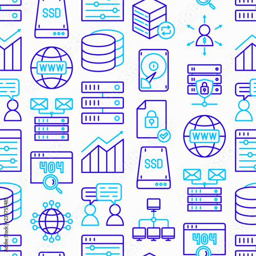 Hosting seamless pattern with thin line icons: VPS, customer support, domain name, automated backup, SSD, control panel, secure server, local network, SSL. Modern vector illustration.