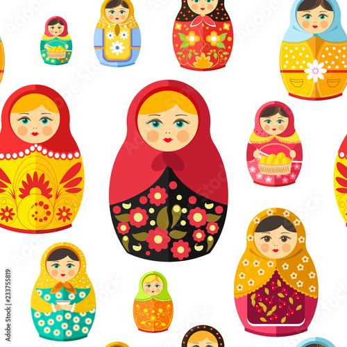 Russian nesting doll, traditional wooden souvenir from Russia seamless pattern isolated on white vector.