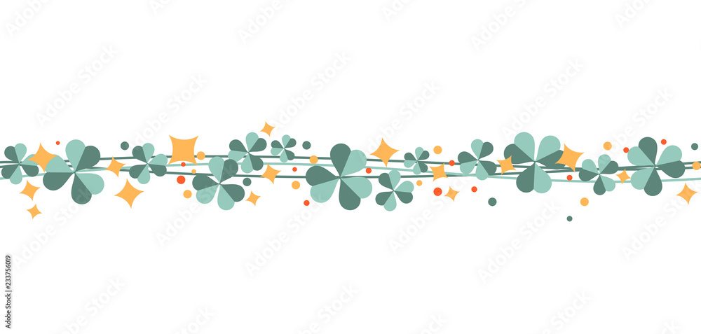 Saint Patrick's Day pattern with shamrock leaves .horizontal Decoration clover frame. Good for holiday and party cards, flayers, leaflets, posters, placards and banners. Saint Patrick's Day pattern with shamrock leaves .horizontal Decoration clover frame. Good for holiday and party cards, flayers, leaflets, posters, placards and banners.