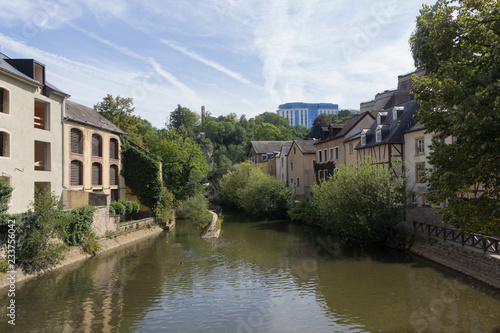 Alzette river with houses in Luxembourg from Rue Munster street