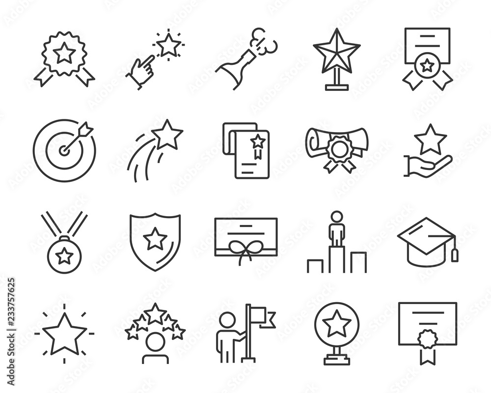 Plakat set of award line icons, such as star, champion, prize, acheivement, winner, trophy, glory, certificate
