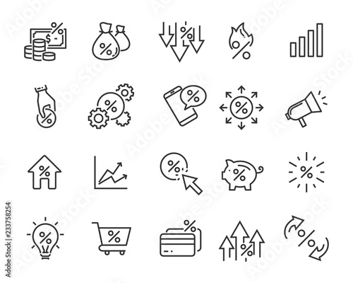 set of money line icons, such as currency, finance, digital, percent