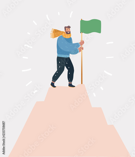 Victorious man standing on top holding a flag.